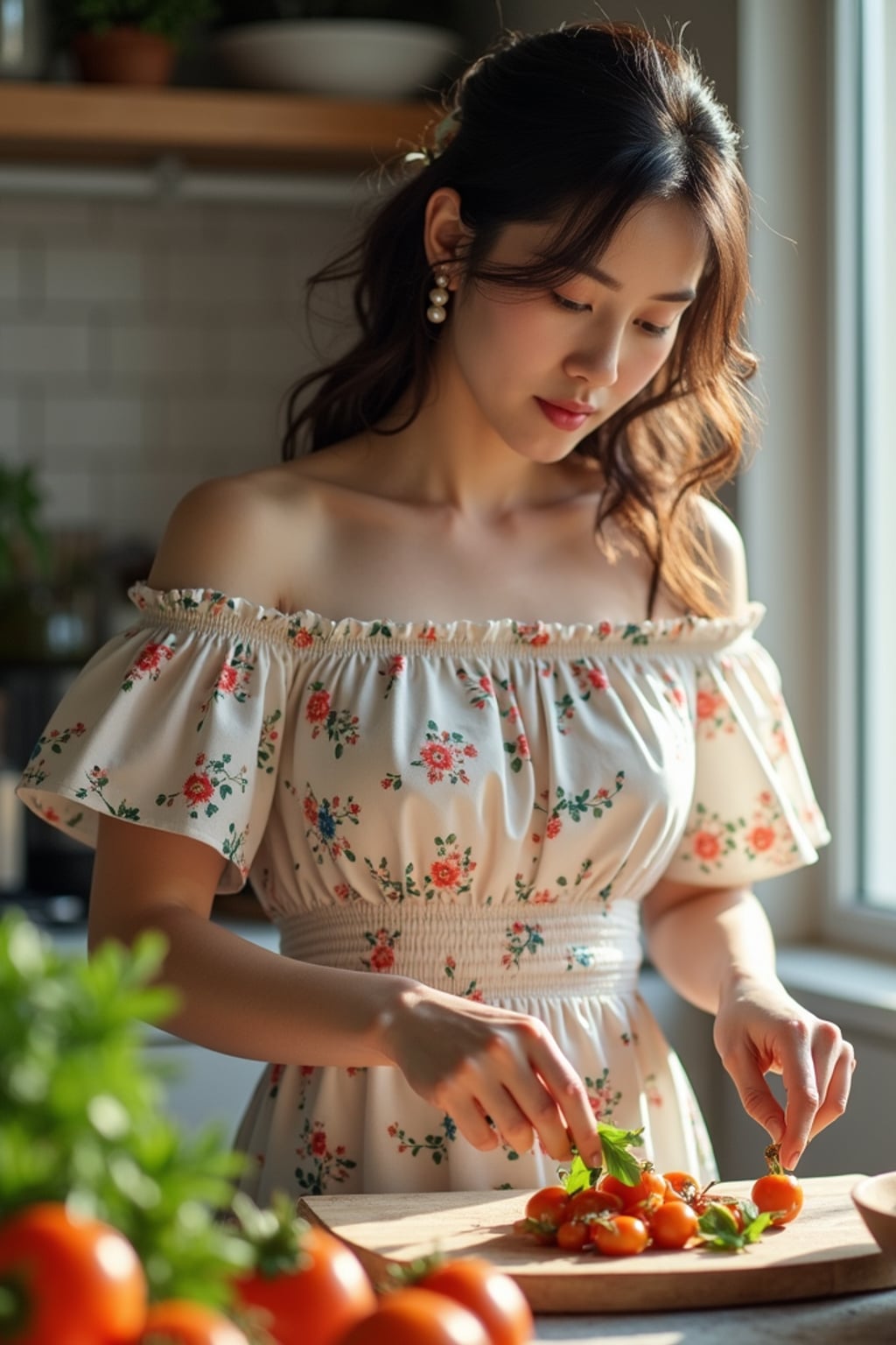 woman in a bright kitchen preparing a homemade meal, wearing a floral off-the-shoulder smocked dress, hair in soft curls, with pearl earrings