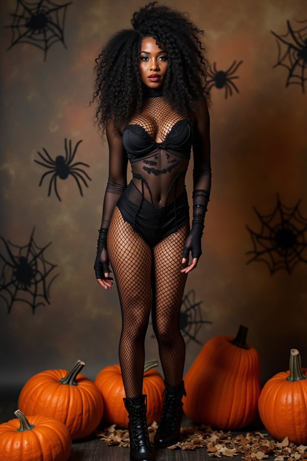woman wearing (naughty halloween) (sexy halloween costume) (fishnet bodystockings) (halloween outfit), spooky outfit posing for photo, background is halloween pumpkins and spiderwebs