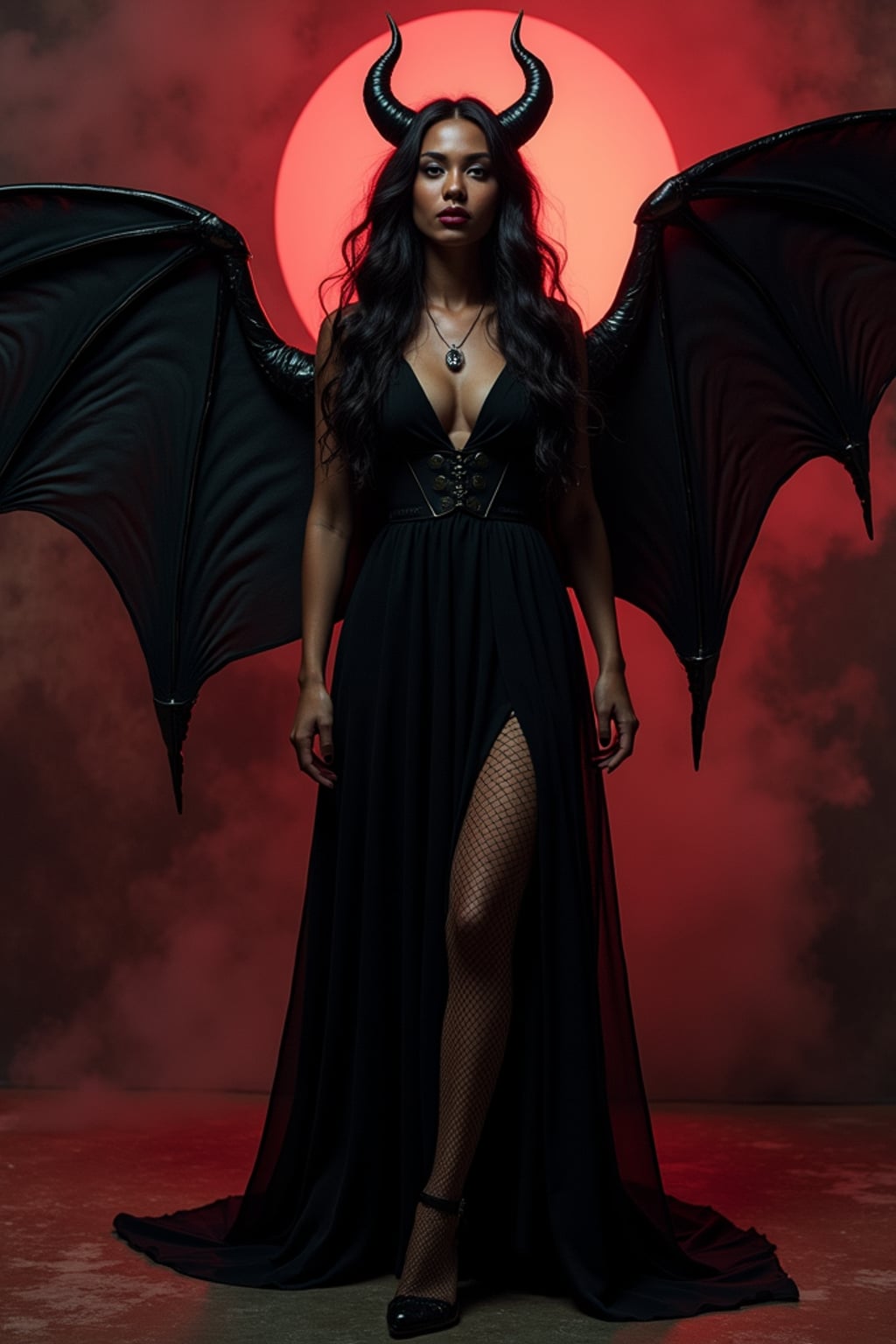 a woman dressed as an angel poses for a picture, dark angel, angel knight gothic girl, dark gothic dress, very sexy devil outfit, full body devil woman, gothic woman dressed in black and red, megan fox witch queen, raven winged female vampire, villainess has black angel wings, gothic outfit, tall female angel, gothic dress, fallen angel, winged woman angel, fishnet stockings