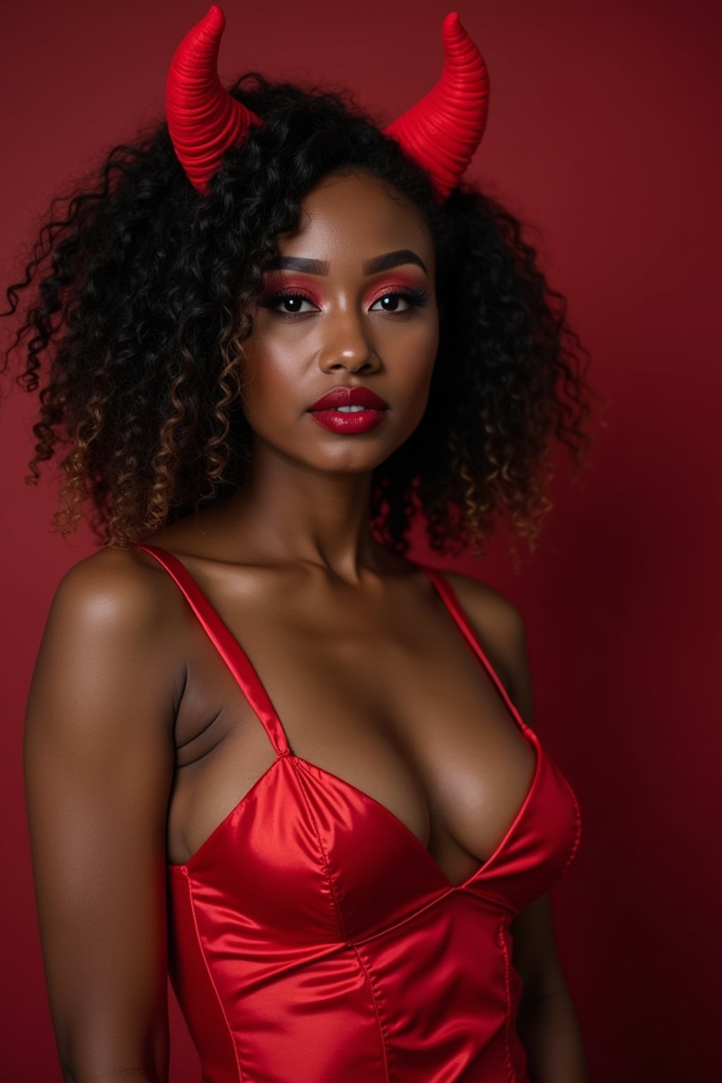 woman wearing (naughty halloween) (sexy halloween costume) red devil outfit posing for photo
