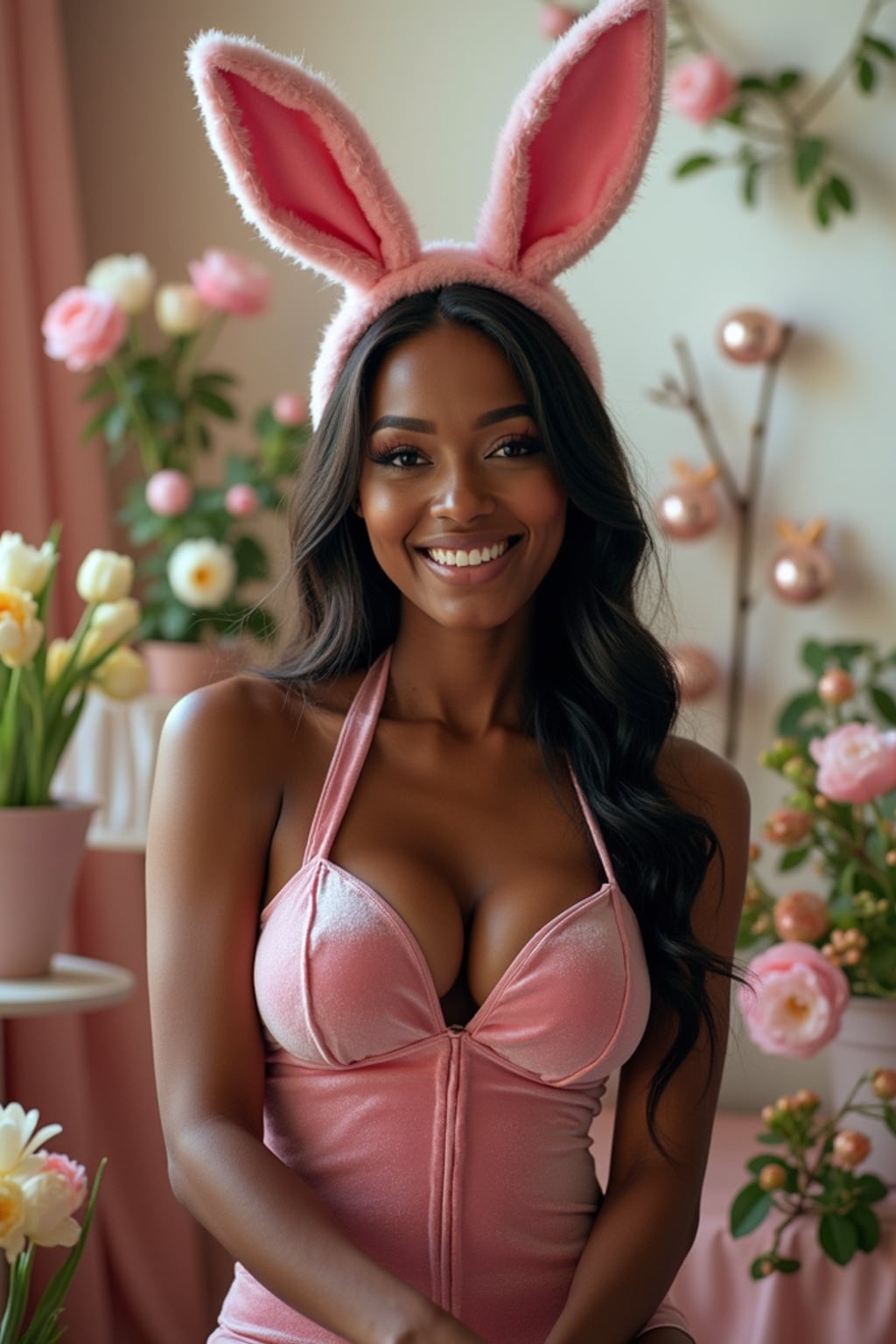 Model wearing (naughty bunny) (sexy Easter costume) (velvet bodysuit) (bunny ears) with a festive spring backdrop full of blooming flowers and Easter decorations.