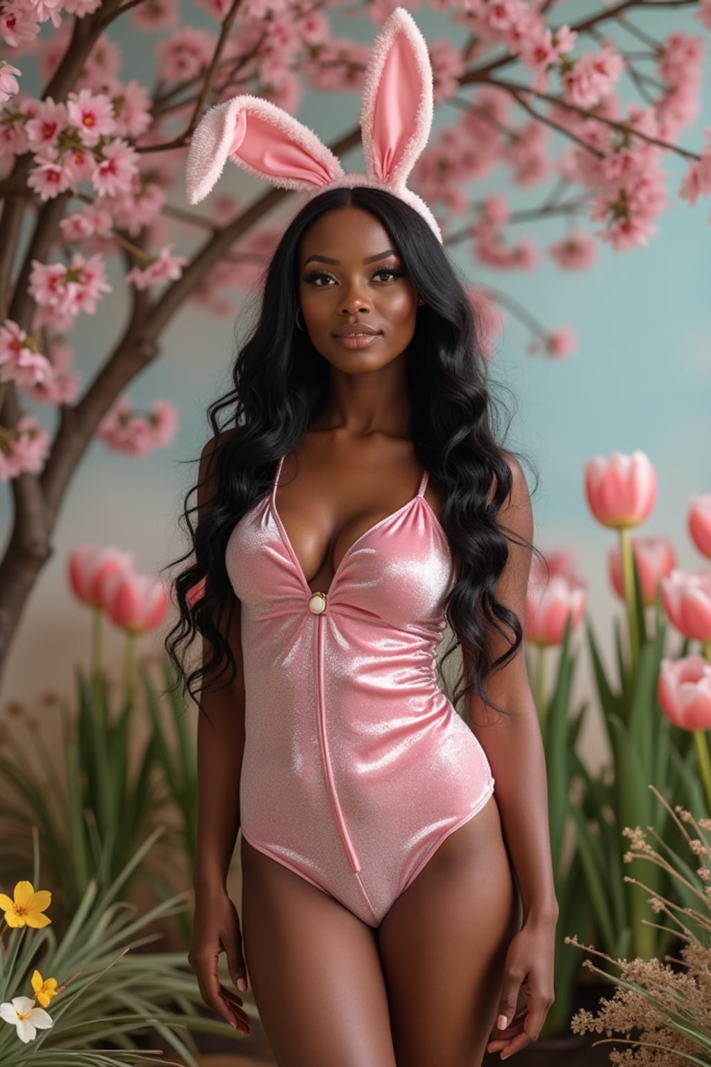 Model wearing (naughty bunny) (sexy Easter costume) (velvet bodysuit) (bunny ears) with a festive spring backdrop full of blooming flowers and Easter decorations.