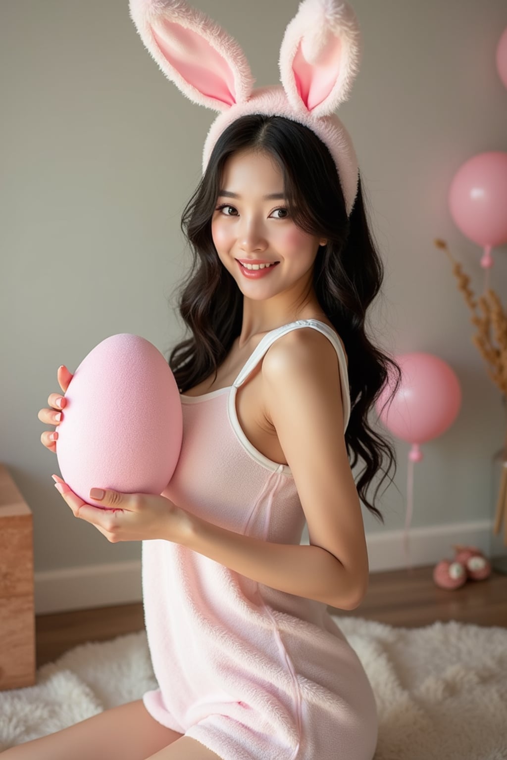 A woman dressed in a cute and seductive bunny outfit, holding an oversized Easter egg and posing with playful Easter decorations.