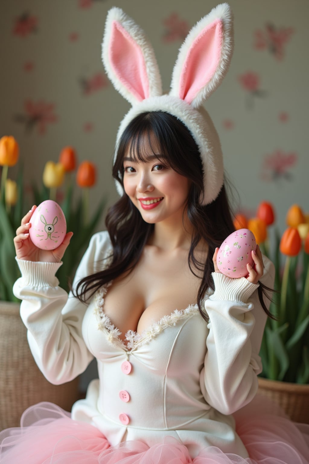 Model wearing (naughty bunny) (sexy Easter bunny costume) posing with Easter eggs and festive decorations, background includes a spring garden theme.