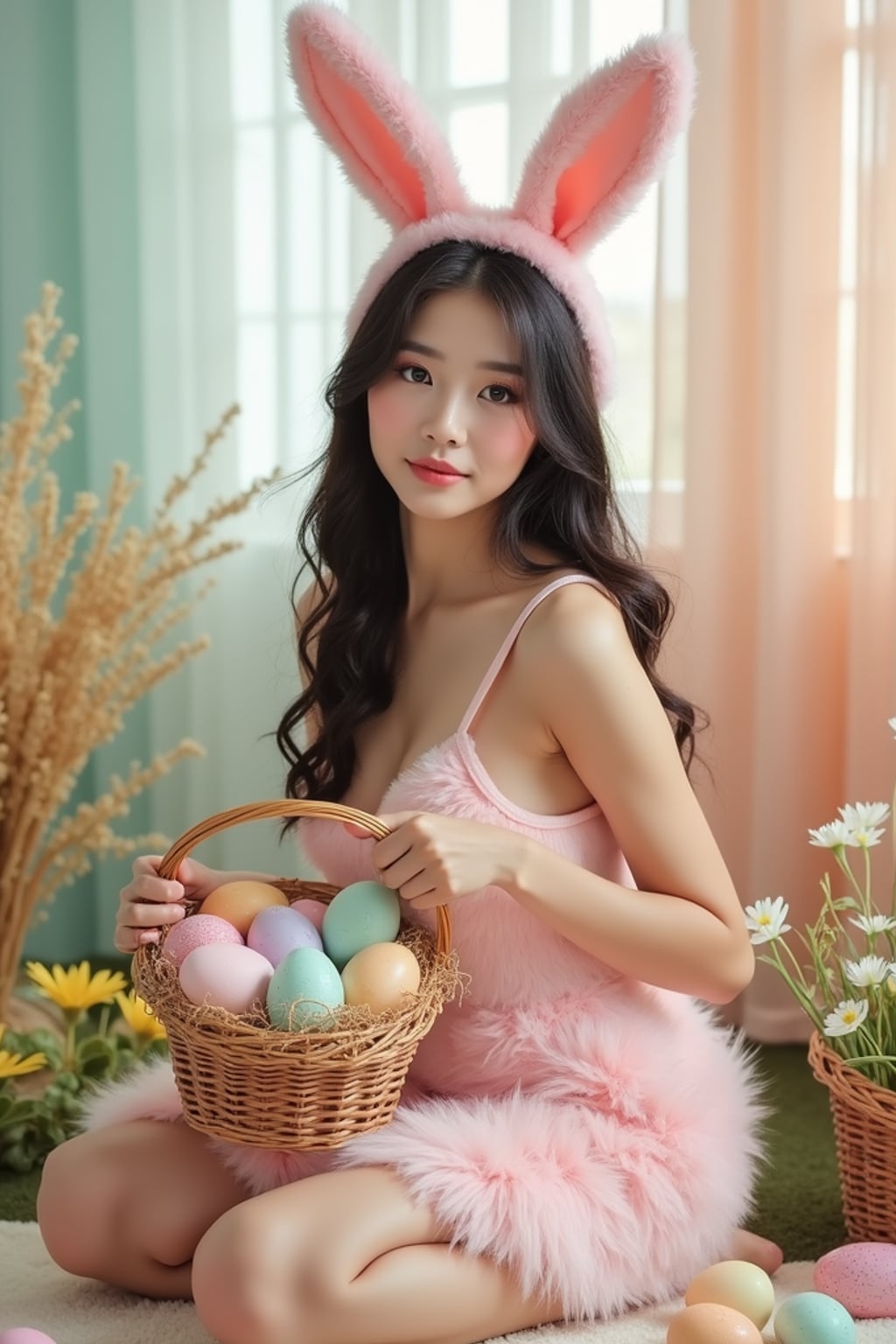 A woman dressed in a revealing bunny costume, posing with a basket of Easter eggs and surrounded by pastel-colored Easter decorations. The background features Easter grass, decorated eggs, and a bright, cheerful ambiance.