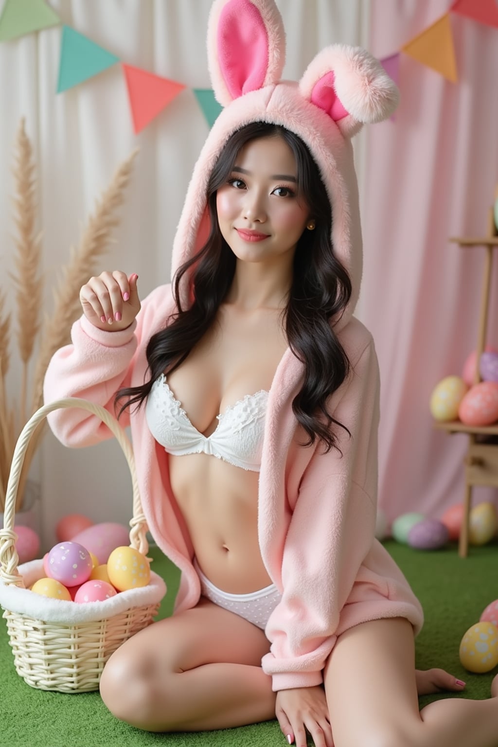 A woman dressed in a revealing bunny costume, posing with a basket of Easter eggs and surrounded by pastel-colored Easter decorations. The background features Easter grass, decorated eggs, and a bright, cheerful ambiance.
