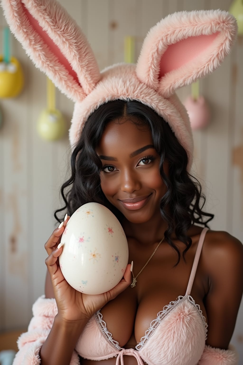 A woman dressed in a cute and seductive bunny outfit, holding an oversized Easter egg and posing with playful Easter decorations.