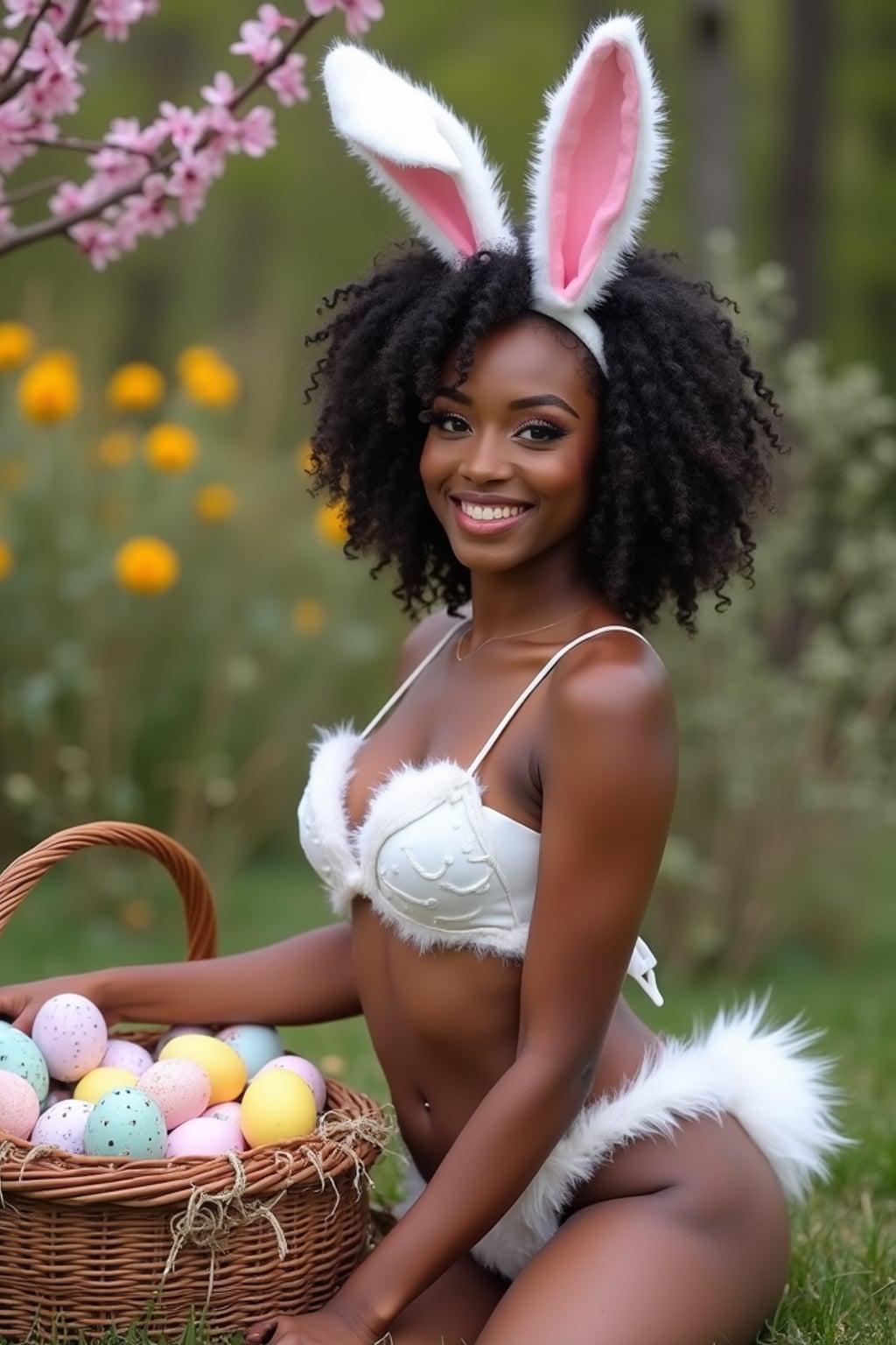 Model wearing (naughty bunny) (sexy Easter costume) with a fluffy tail, posing next to an Easter basket full of colorful eggs, with flowers and spring greenery in the background.