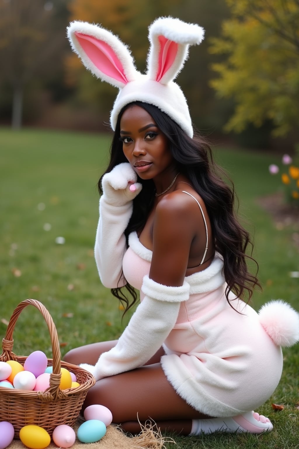 Model wearing (naughty bunny) (sexy Easter costume) with a fluffy tail, posing next to an Easter basket full of colorful eggs, with flowers and spring greenery in the background.