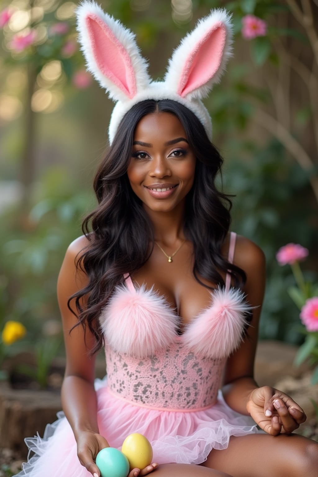 Model wearing (naughty bunny) (sexy Easter bunny costume) posing with Easter eggs and festive decorations, background includes a spring garden theme.