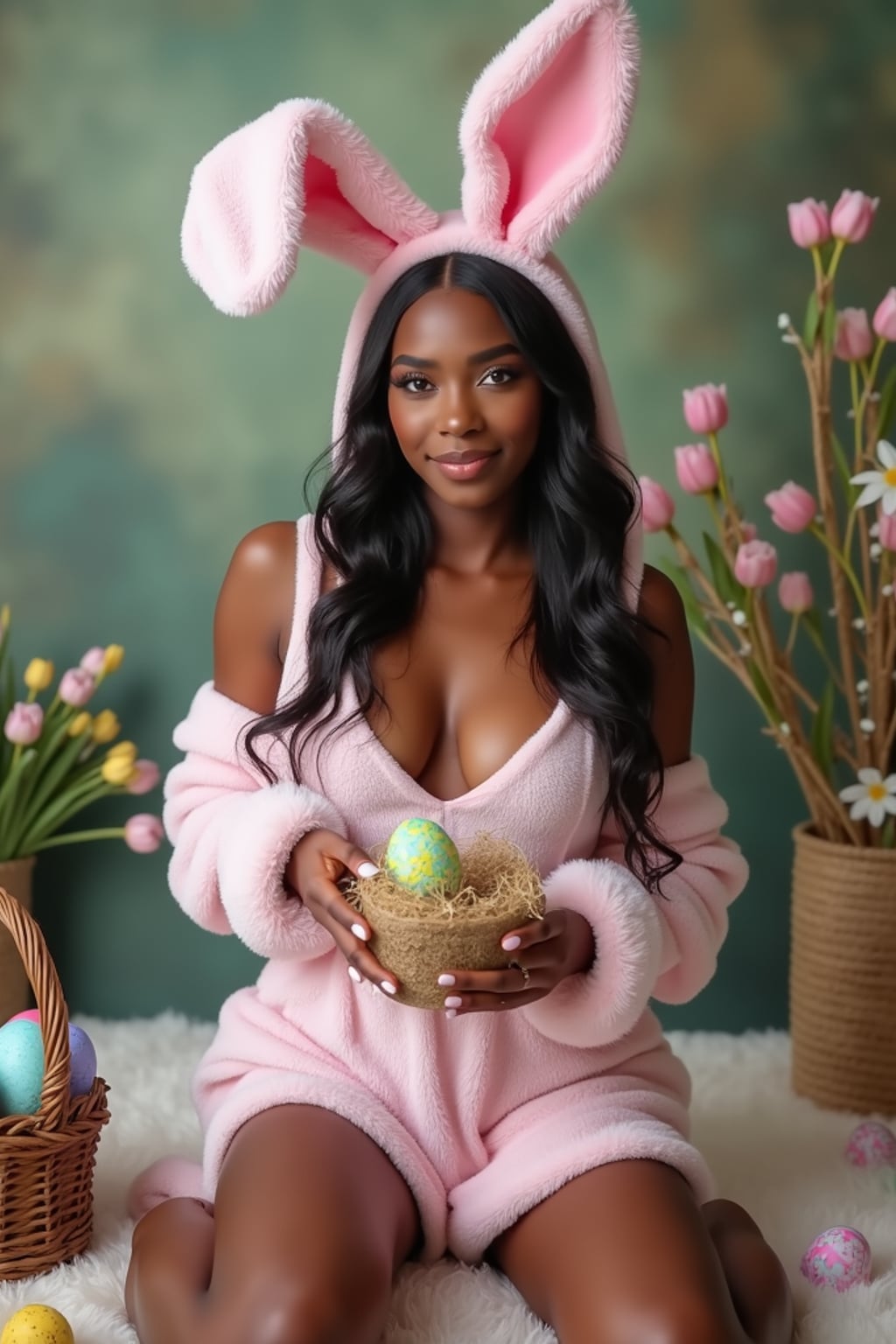 Model wearing (naughty bunny) (sexy Easter bunny costume) posing with Easter eggs and festive decorations, background includes a spring garden theme.