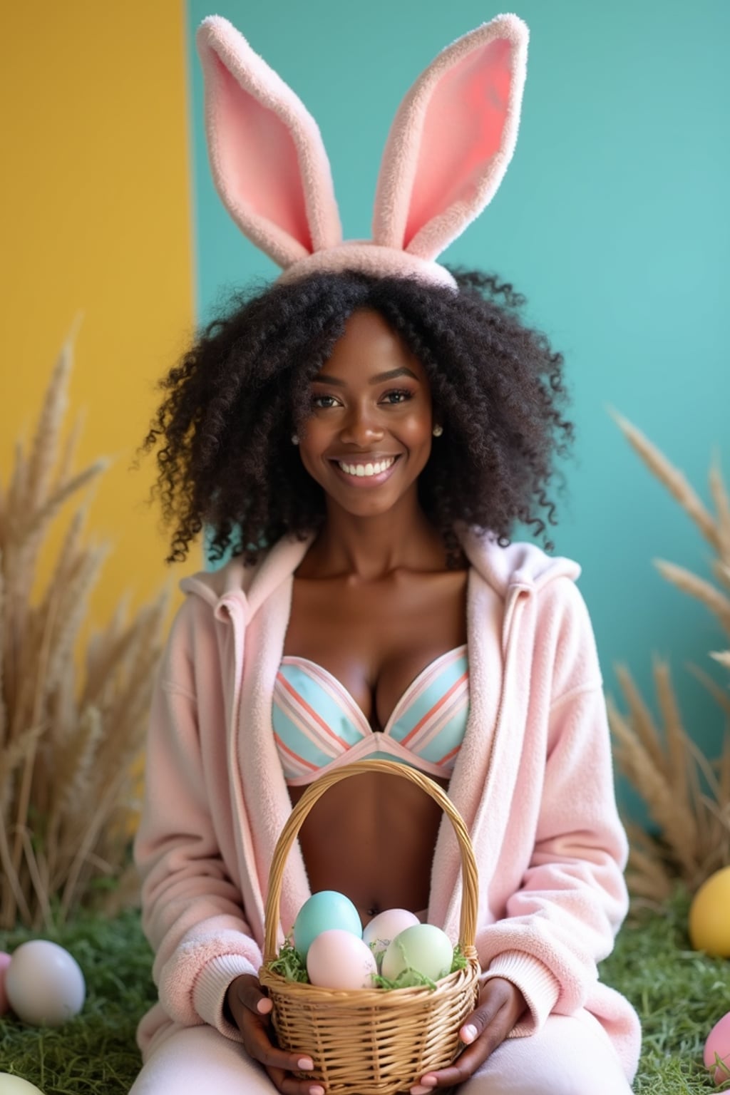 A woman dressed in a revealing bunny costume, posing with a basket of Easter eggs and surrounded by pastel-colored Easter decorations. The background features Easter grass, decorated eggs, and a bright, cheerful ambiance.