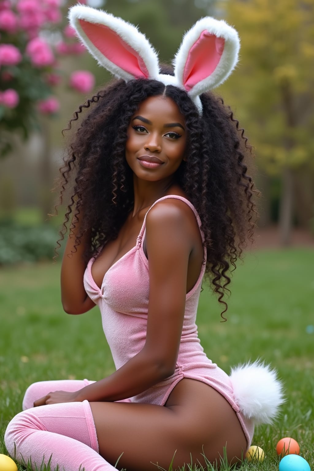 A woman in a seductive Easter bunny outfit, featuring thigh-high stockings, a velvet bodysuit, bunny ears, and a fluffy tail. The setting includes colorful Easter eggs scattered around and a vibrant garden with blooming flowers. The photo highlights her playful and alluring look.