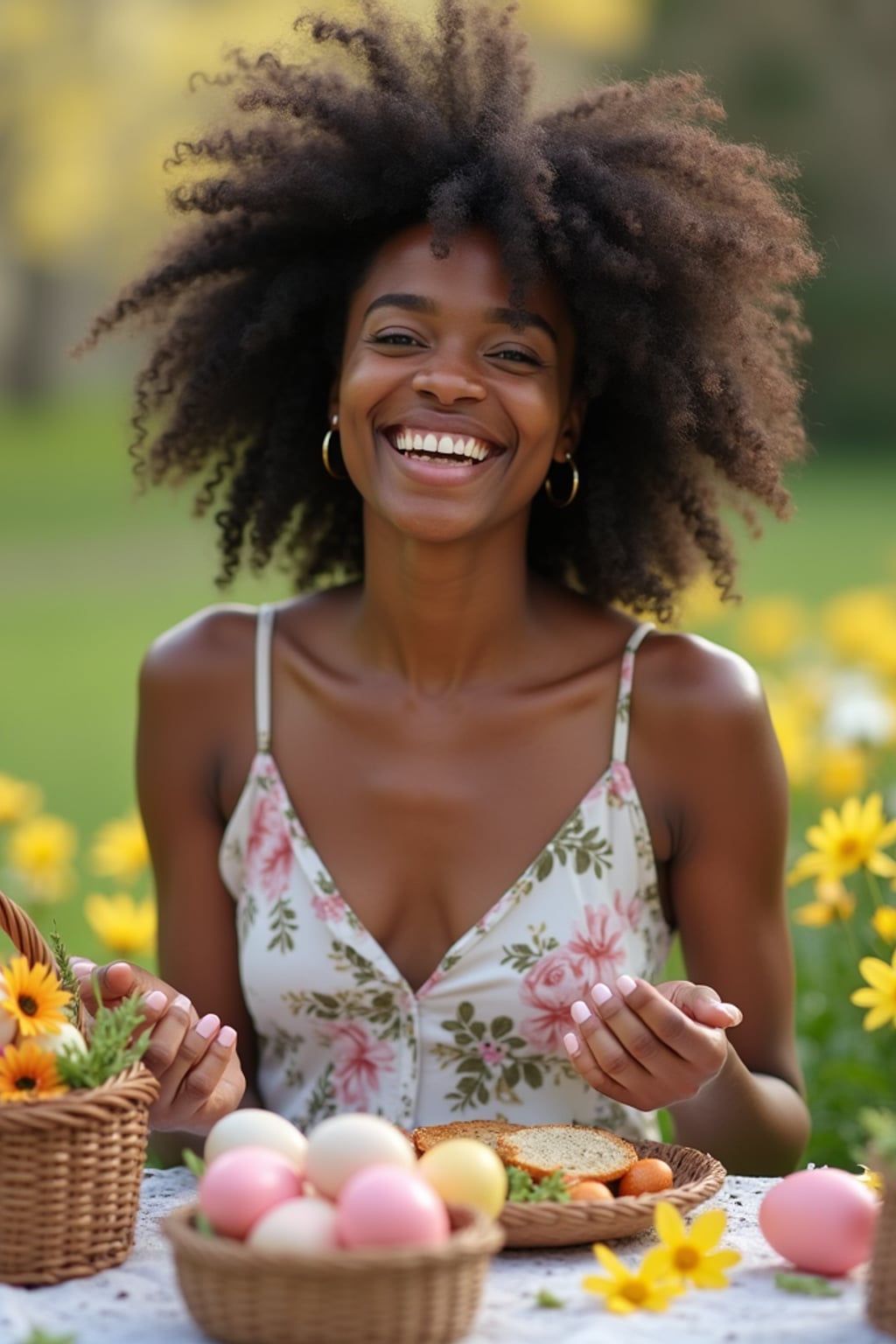 A woman having a fun Easter picnic, with decorated eggs, baskets, and spring flowers in the background.