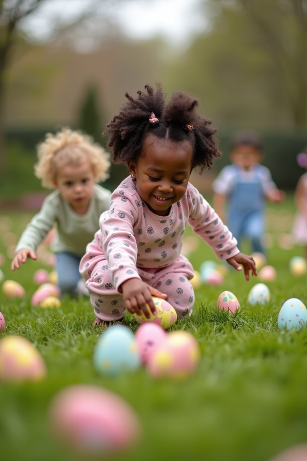 A woman having an Easter egg hunt, with children searching for hidden eggs in a beautiful garden setting.