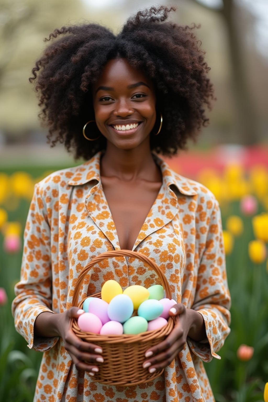 A woman holding a basket filled with colorful Easter eggs, standing in a vibrant garden full of spring blooms.