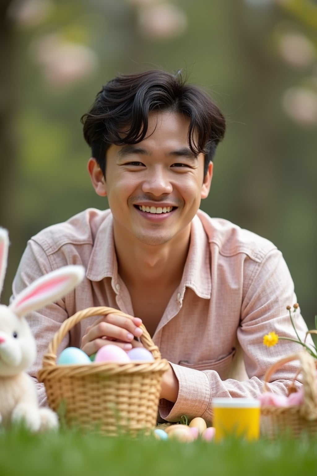 A man having a fun Easter picnic, with decorated eggs, baskets, and spring flowers in the background.