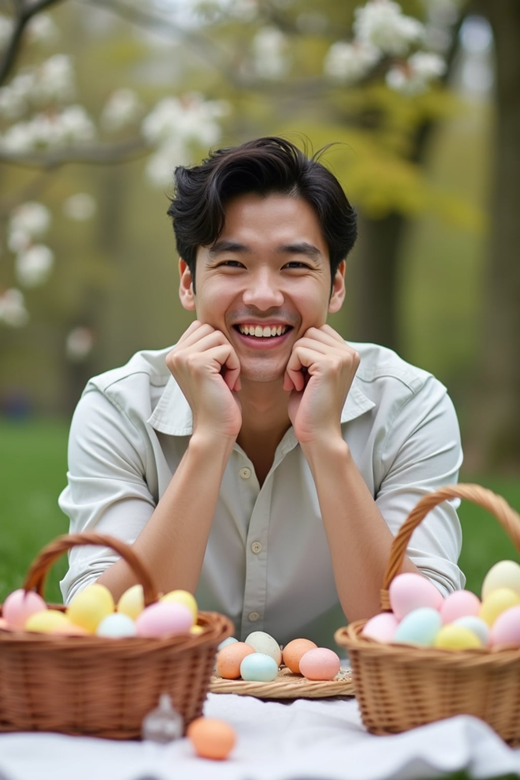 A man having a fun Easter picnic, with decorated eggs, baskets, and spring flowers in the background.
