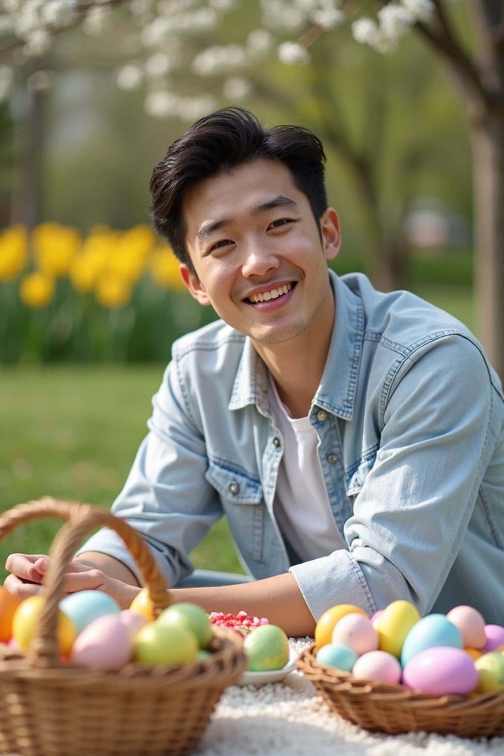 A man having a fun Easter picnic, with decorated eggs, baskets, and spring flowers in the background.
