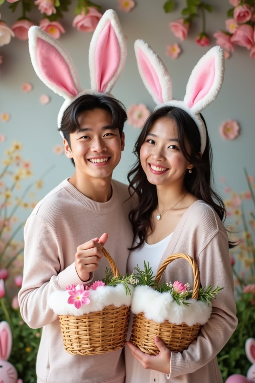 A man wearing bunny ears and posing together with their Easter baskets in front of a festive backdrop filled with spring flowers and pastel decorations.