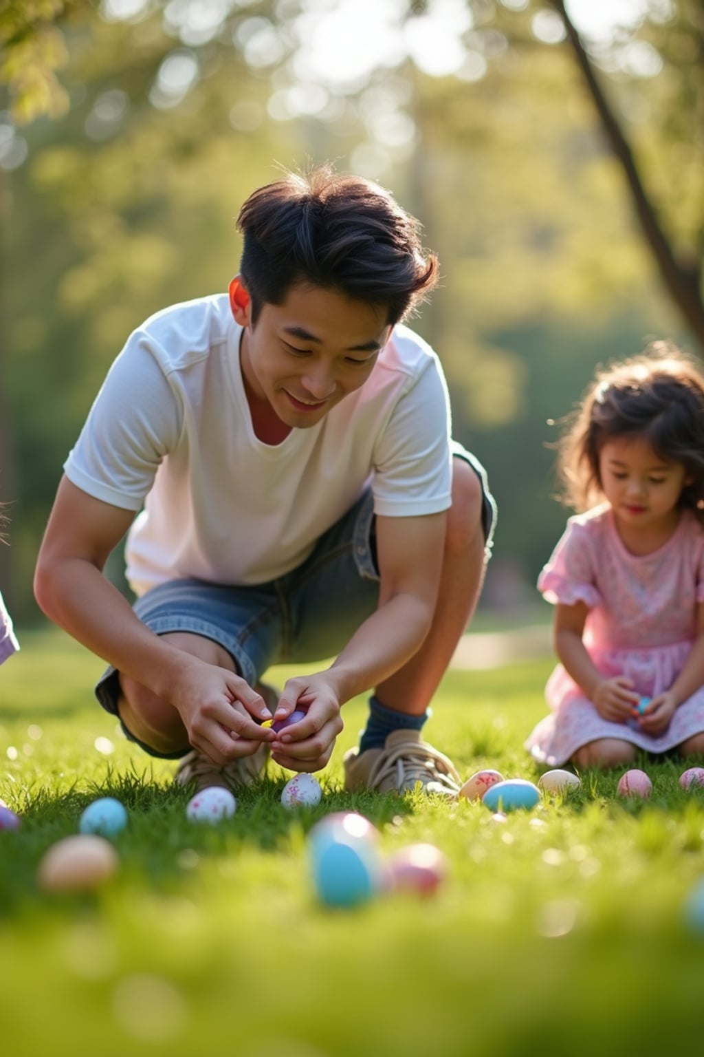 A man having an Easter egg hunt, with children searching for hidden eggs in a beautiful garden setting.