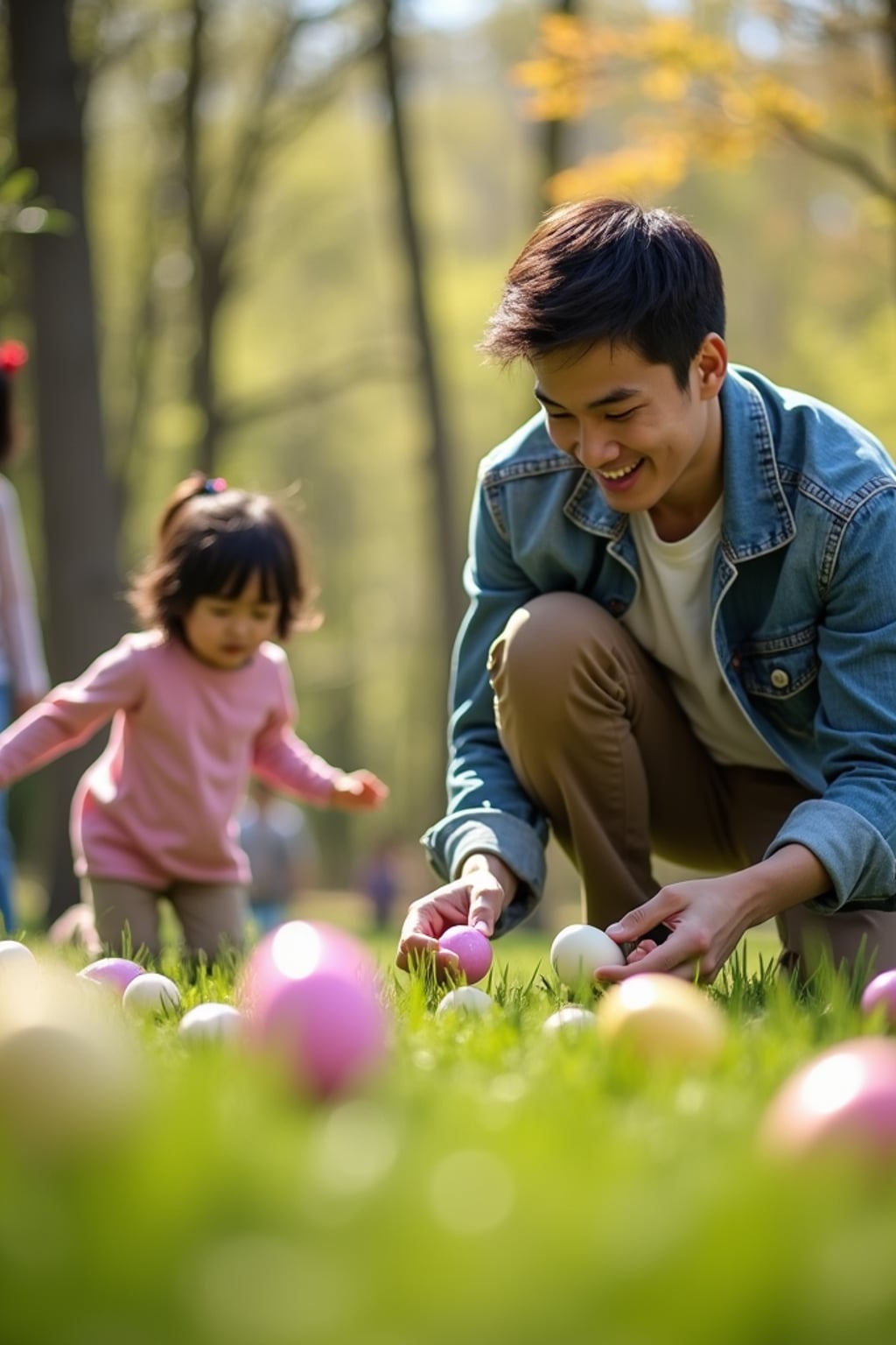 A man having an Easter egg hunt, with children searching for hidden eggs in a beautiful garden setting.