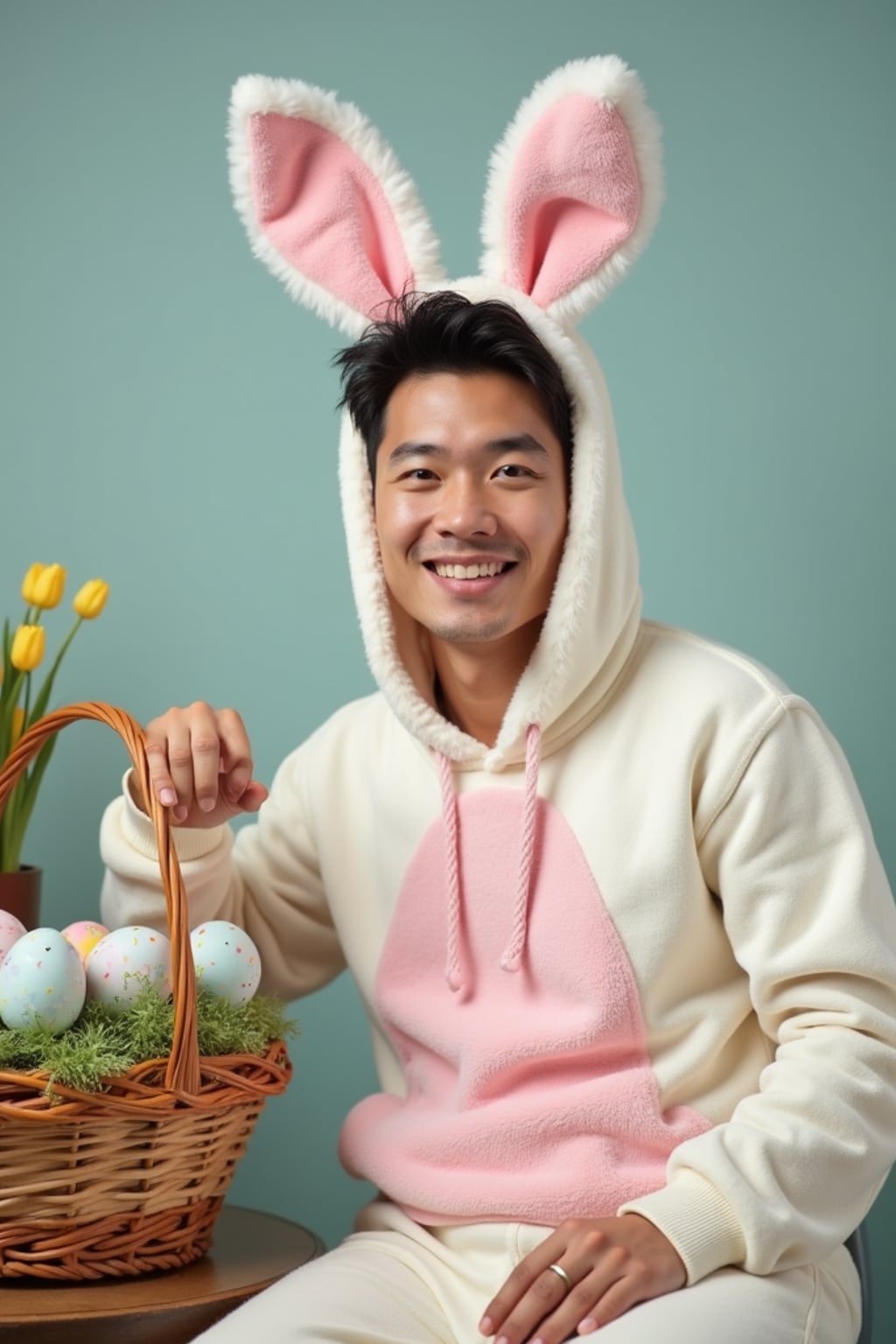 Model dressed in a cute bunny costume with pastel-colored ears, posing next to a basket of decorated Easter eggs and spring flowers.