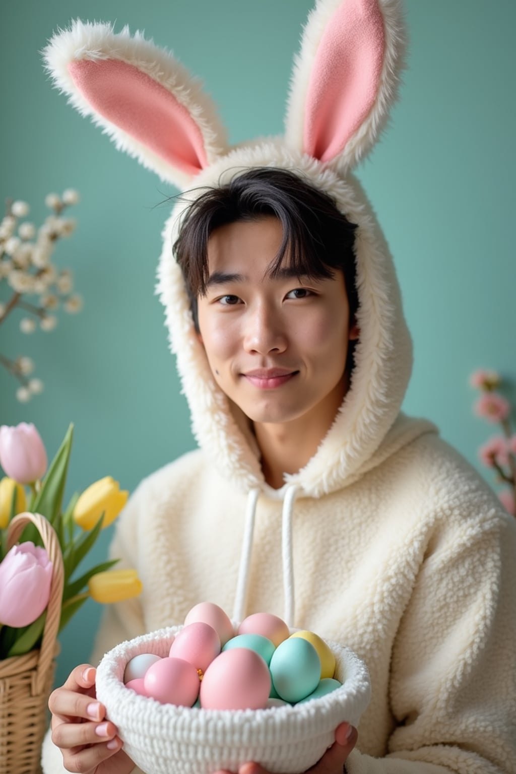 Model dressed in a cute bunny costume with pastel-colored ears, posing next to a basket of decorated Easter eggs and spring flowers.