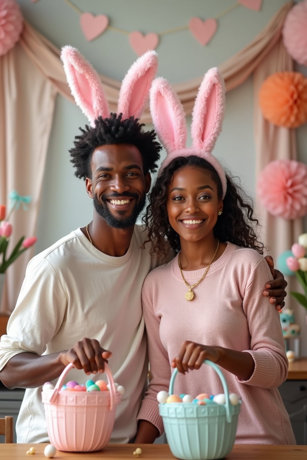 A man wearing bunny ears and posing together with their Easter baskets in front of a festive backdrop filled with spring flowers and pastel decorations.