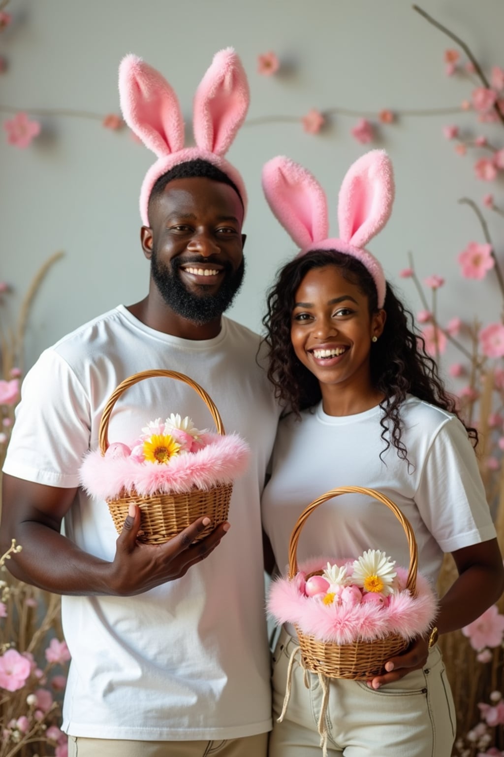 A man wearing bunny ears and posing together with their Easter baskets in front of a festive backdrop filled with spring flowers and pastel decorations.