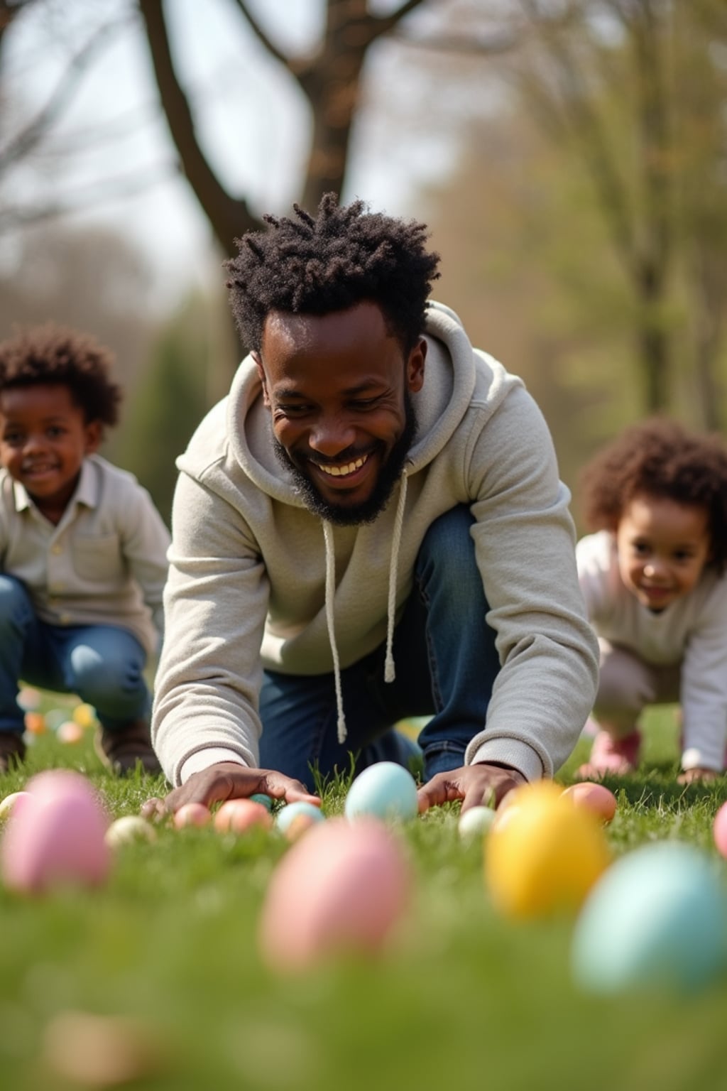 A man having an Easter egg hunt, with children searching for hidden eggs in a beautiful garden setting.