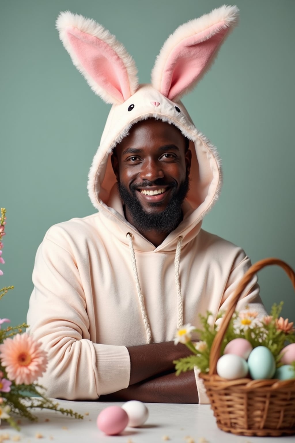 Model dressed in a cute bunny costume with pastel-colored ears, posing next to a basket of decorated Easter eggs and spring flowers.