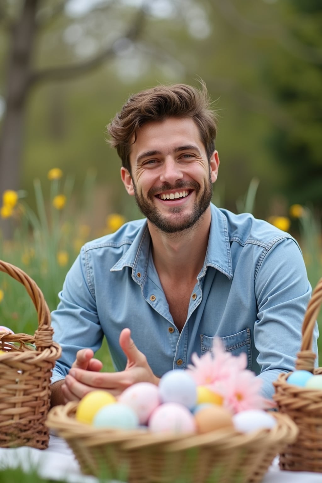 A man having a fun Easter picnic, with decorated eggs, baskets, and spring flowers in the background.