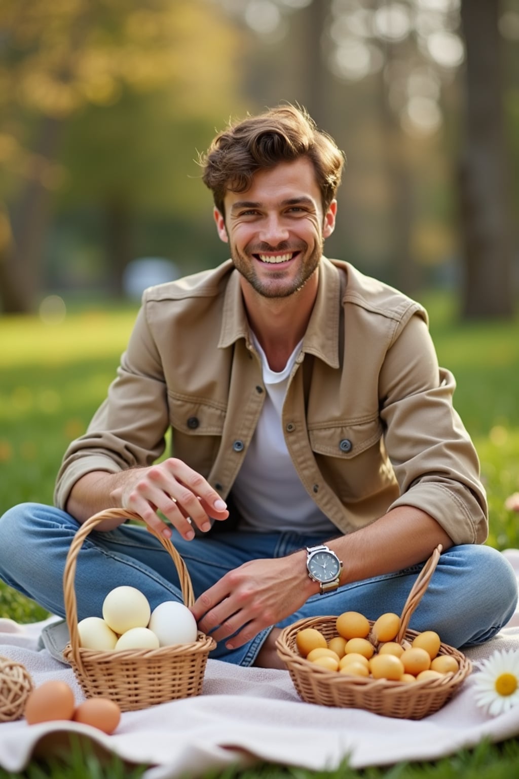 A man having a fun Easter picnic, with decorated eggs, baskets, and spring flowers in the background.