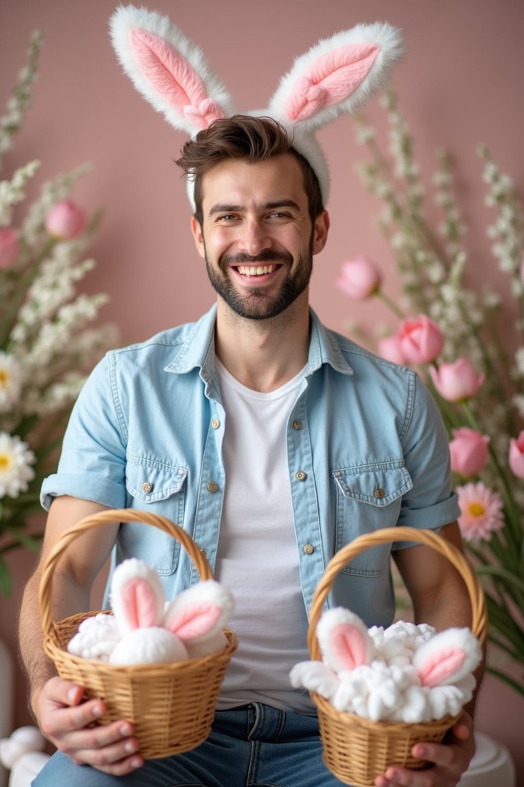 A man wearing bunny ears and posing together with their Easter baskets in front of a festive backdrop filled with spring flowers and pastel decorations.