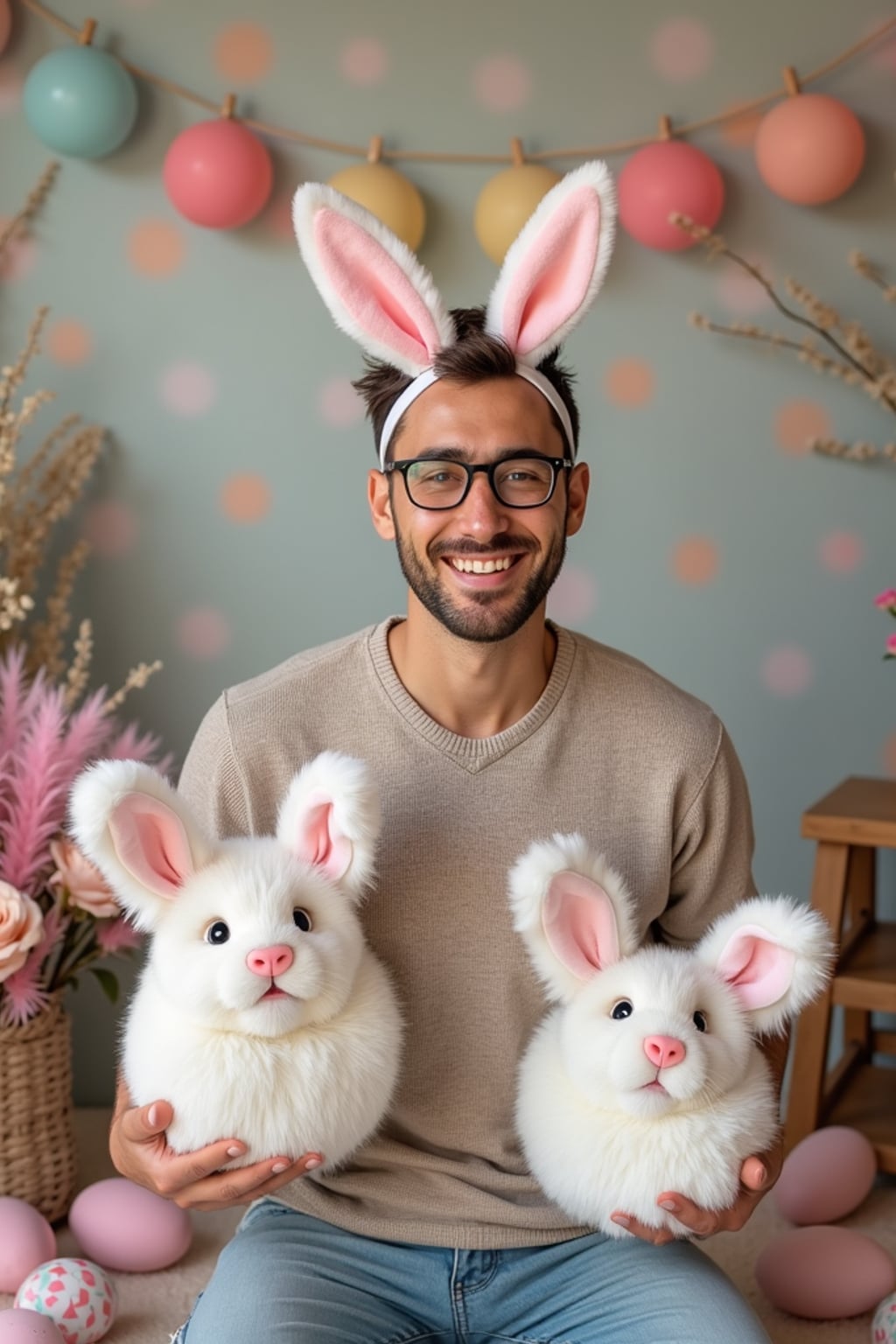 A man wearing bunny ears and posing together with their Easter baskets in front of a festive backdrop filled with spring flowers and pastel decorations.