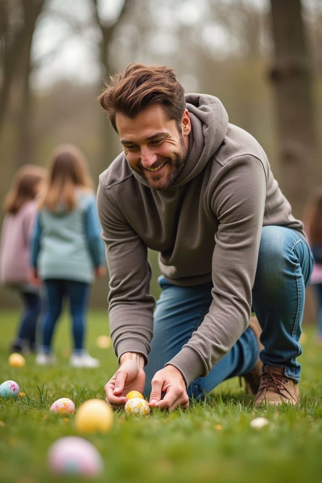 A man having an Easter egg hunt, with children searching for hidden eggs in a beautiful garden setting.