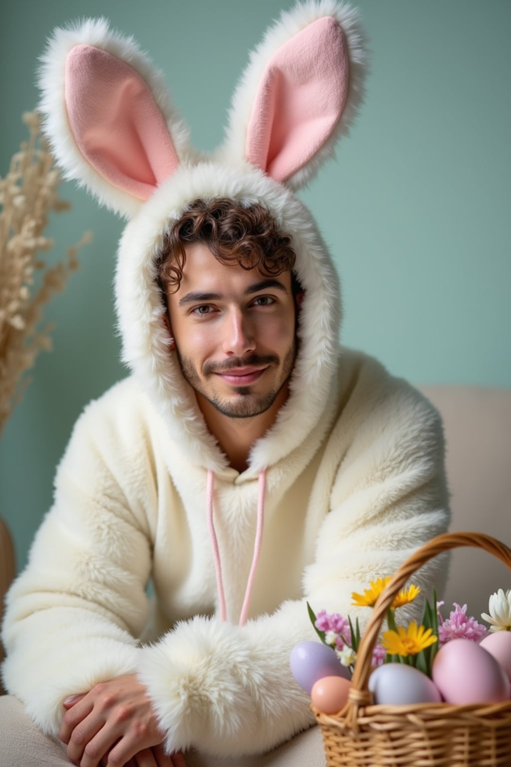 Model dressed in a cute bunny costume with pastel-colored ears, posing next to a basket of decorated Easter eggs and spring flowers.