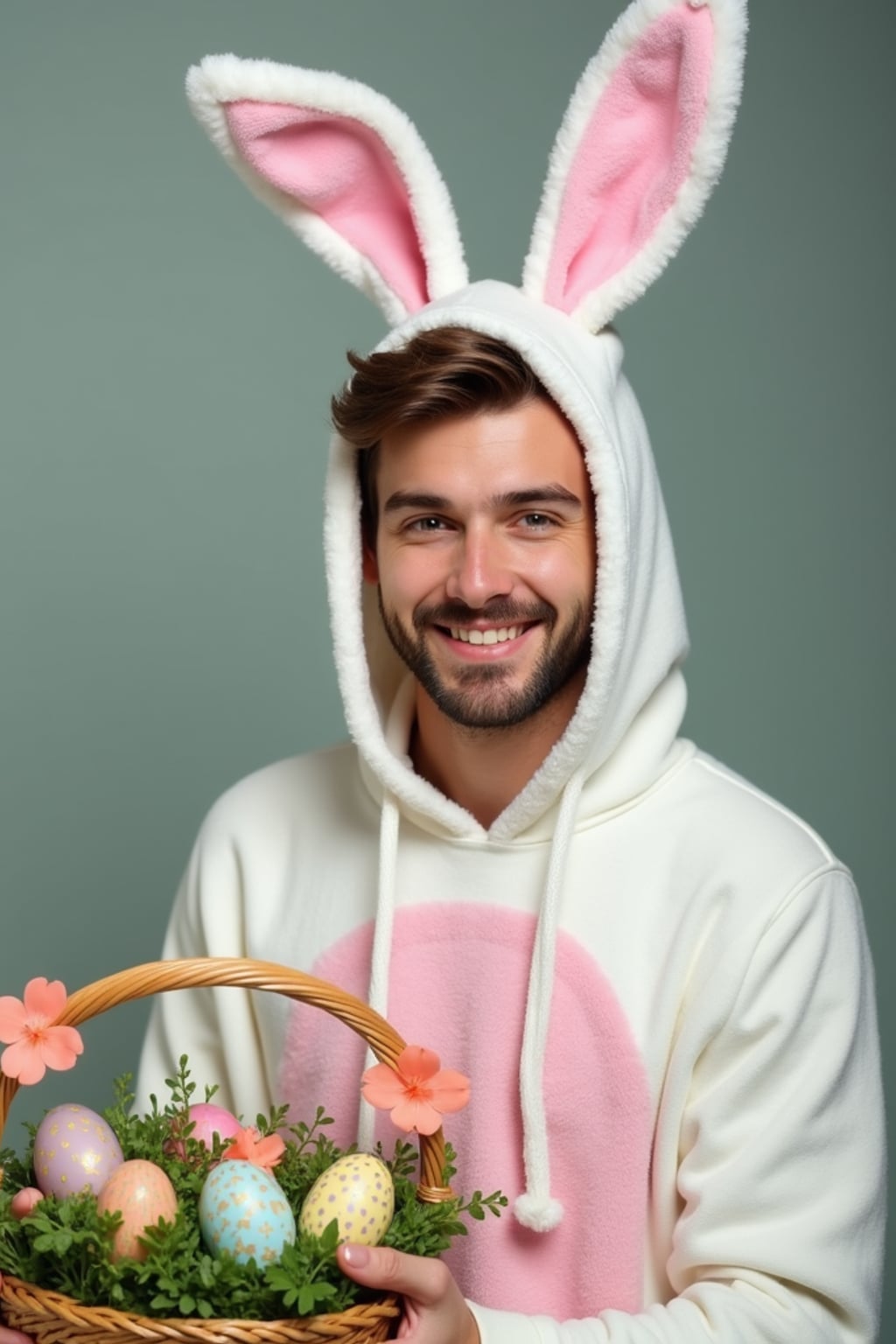 Model dressed in a cute bunny costume with pastel-colored ears, posing next to a basket of decorated Easter eggs and spring flowers.