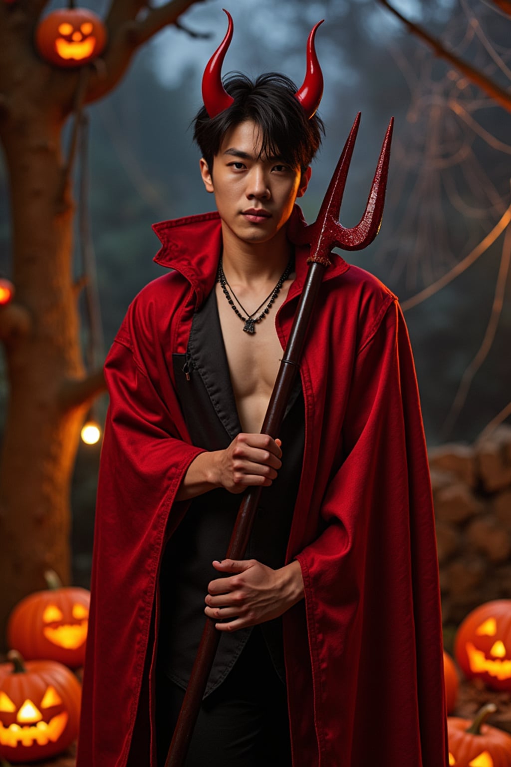 A man wearing a classic red devil costume with devil horns, a red cape, and holding a trident. The backdrop includes pumpkins, spider webs, and a spooky night scene.