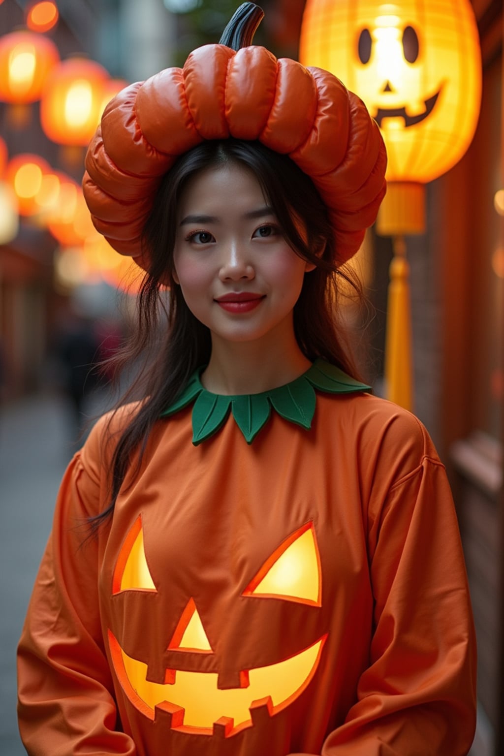 A woman wearing a pumpkin-themed costume, standing beside a decorated Halloween tree and festive lanterns.