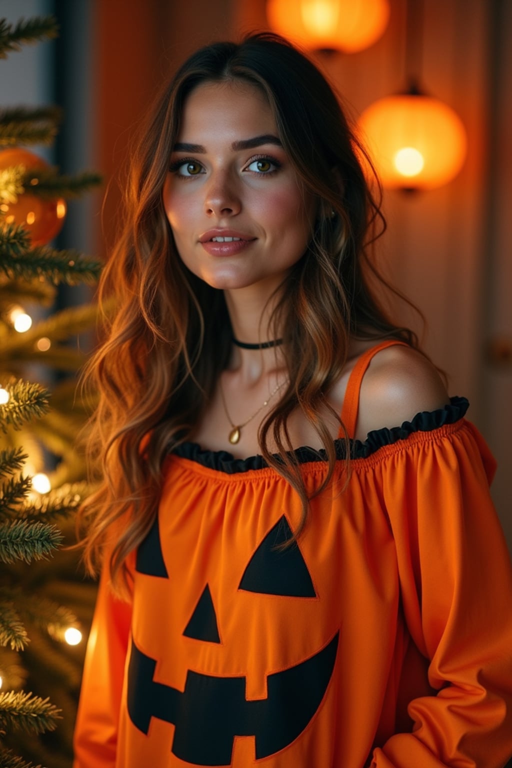A woman wearing a pumpkin-themed costume, standing beside a decorated Halloween tree and festive lanterns.