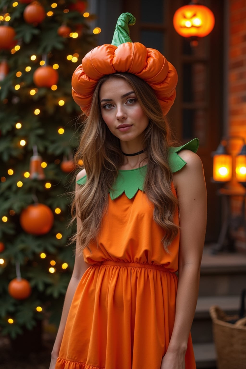 A woman wearing a pumpkin-themed costume, standing beside a decorated Halloween tree and festive lanterns.