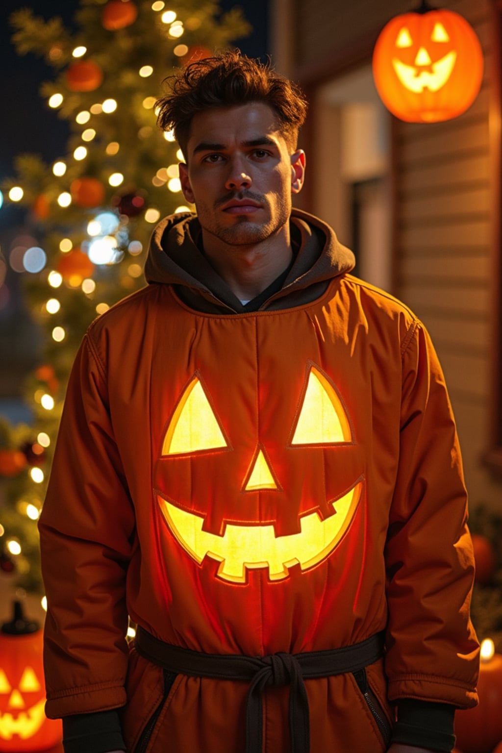 A man wearing a pumpkin-themed costume, standing beside a decorated Halloween tree and festive lanterns.