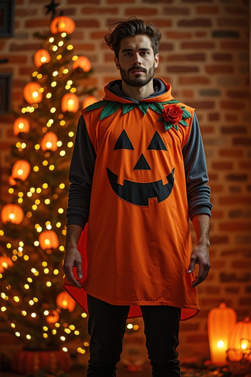 A man wearing a pumpkin-themed costume, standing beside a decorated Halloween tree and festive lanterns.