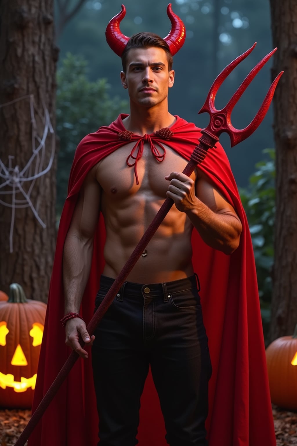 A man wearing a classic red devil costume with devil horns, a red cape, and holding a trident. The backdrop includes pumpkins, spider webs, and a spooky night scene.