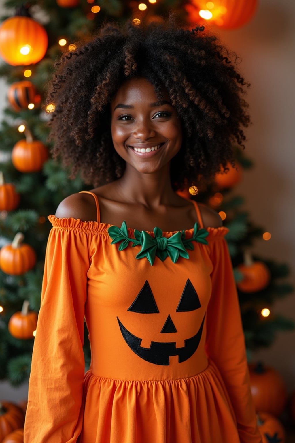 A woman wearing a pumpkin-themed costume, standing beside a decorated Halloween tree and festive lanterns.