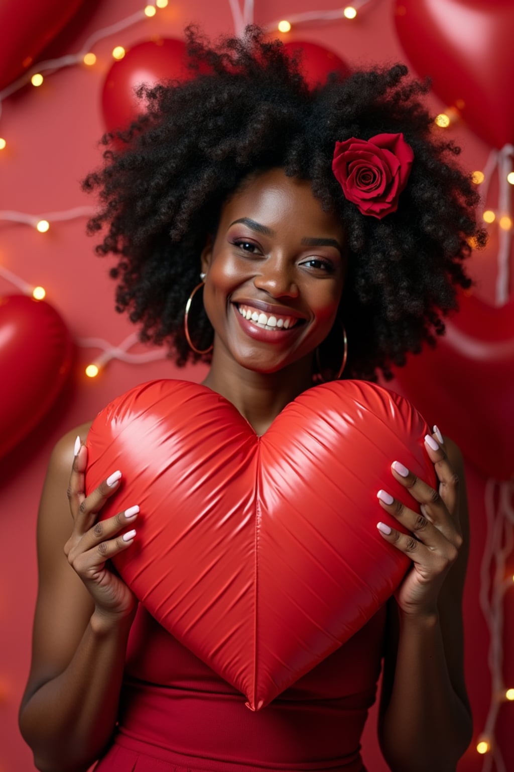 A playful woman posing with giant heart decorations, surrounded by roses and festive Valentine's lights.
