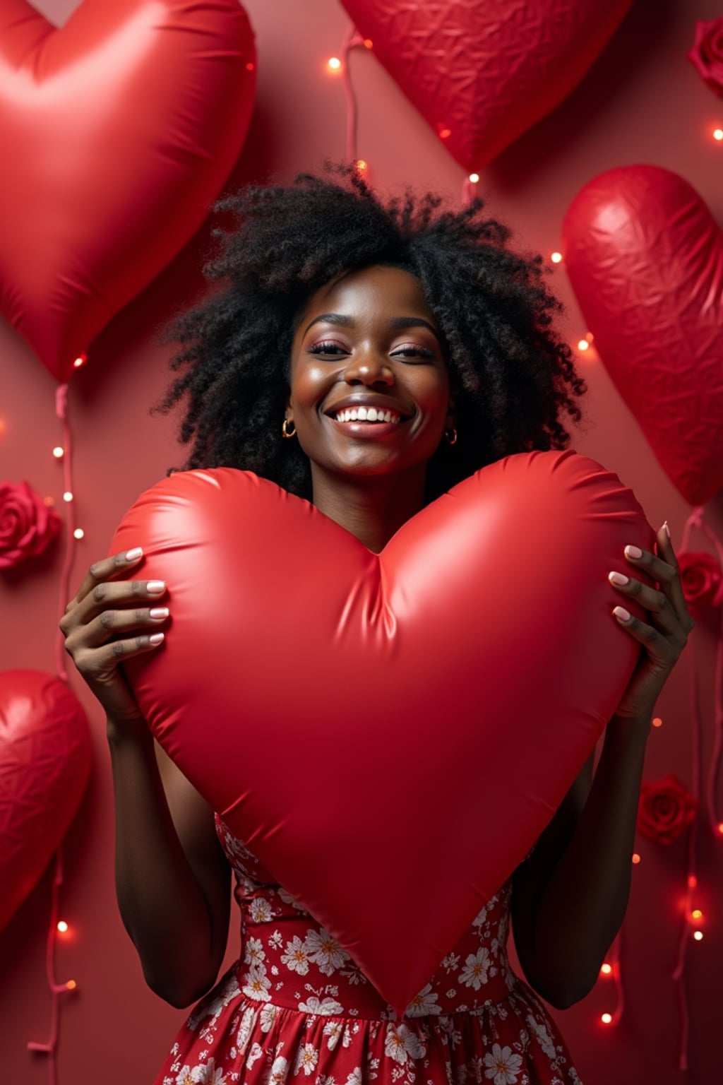 A playful woman posing with giant heart decorations, surrounded by roses and festive Valentine's lights.