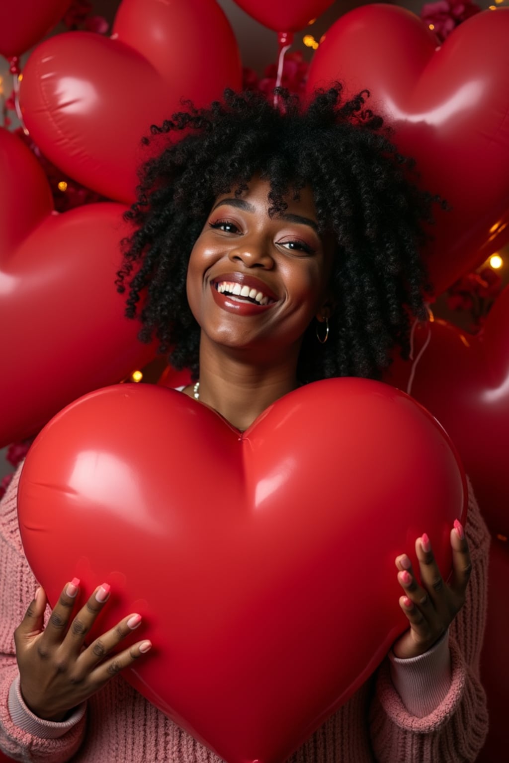 A playful woman posing with giant heart decorations, surrounded by roses and festive Valentine's lights.